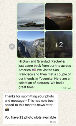 WhatsApp chat showing family holiday photos and a message to Gran and Grandad
